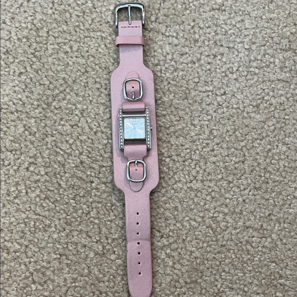 Guess Pink Rhinestone Cuff Watch with Silver Accents
